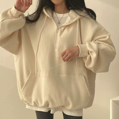 Oversized Hoodie with Zipper for Women, Monochrome Sweatshirts, Casual Hoodies, Essential for Female, Korean Fashion, 2023
